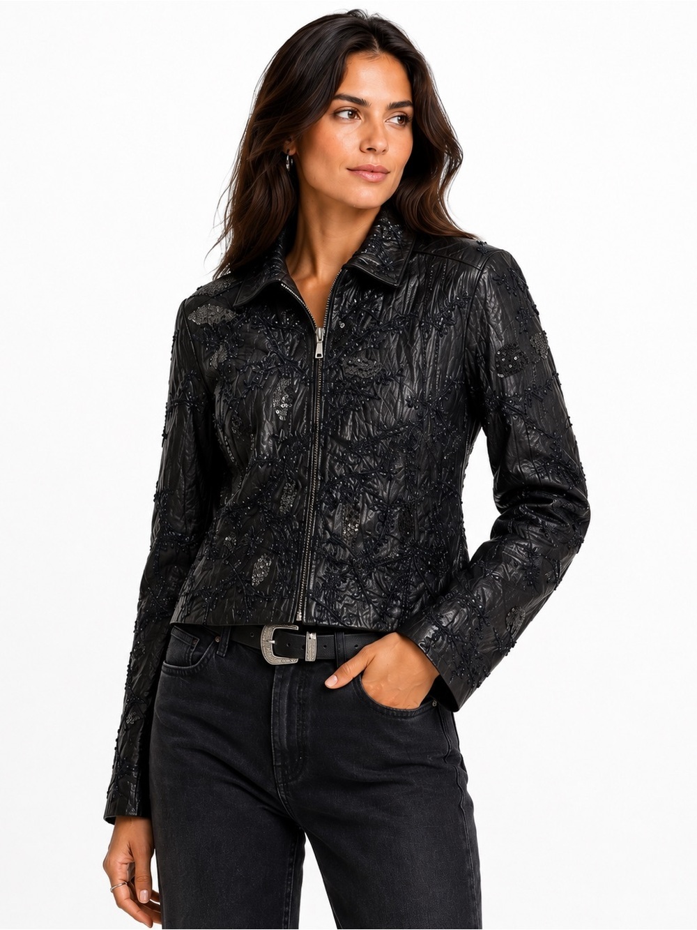 Chico’s Black Leather Embroidered Sequin Statement Jacket Size 0 (CNF004)